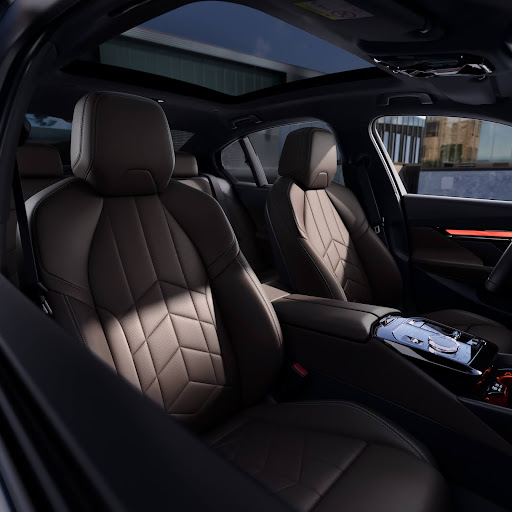 The leather dark interior of a BMW.