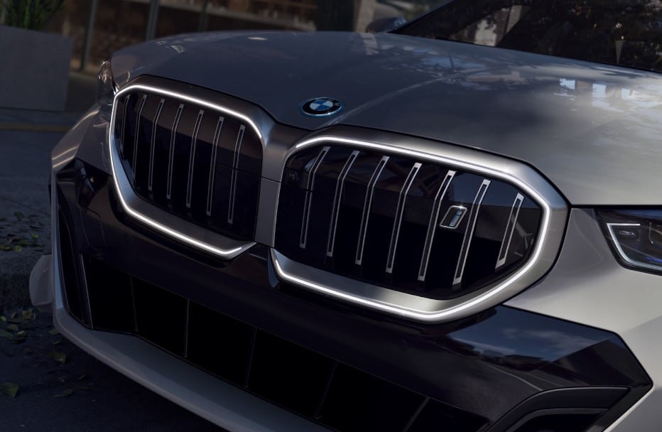 Up-close shot of a BMWs signature kidney grille.