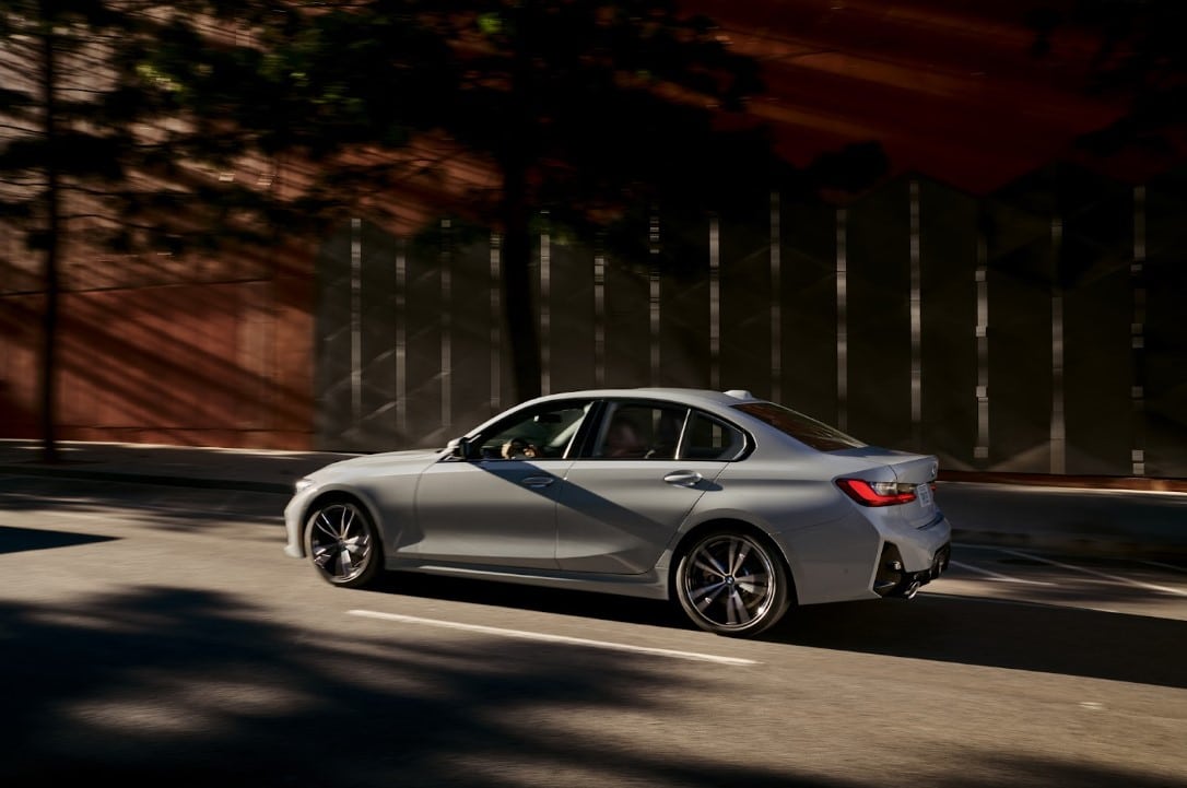 The side profile of a BMW 3 series.